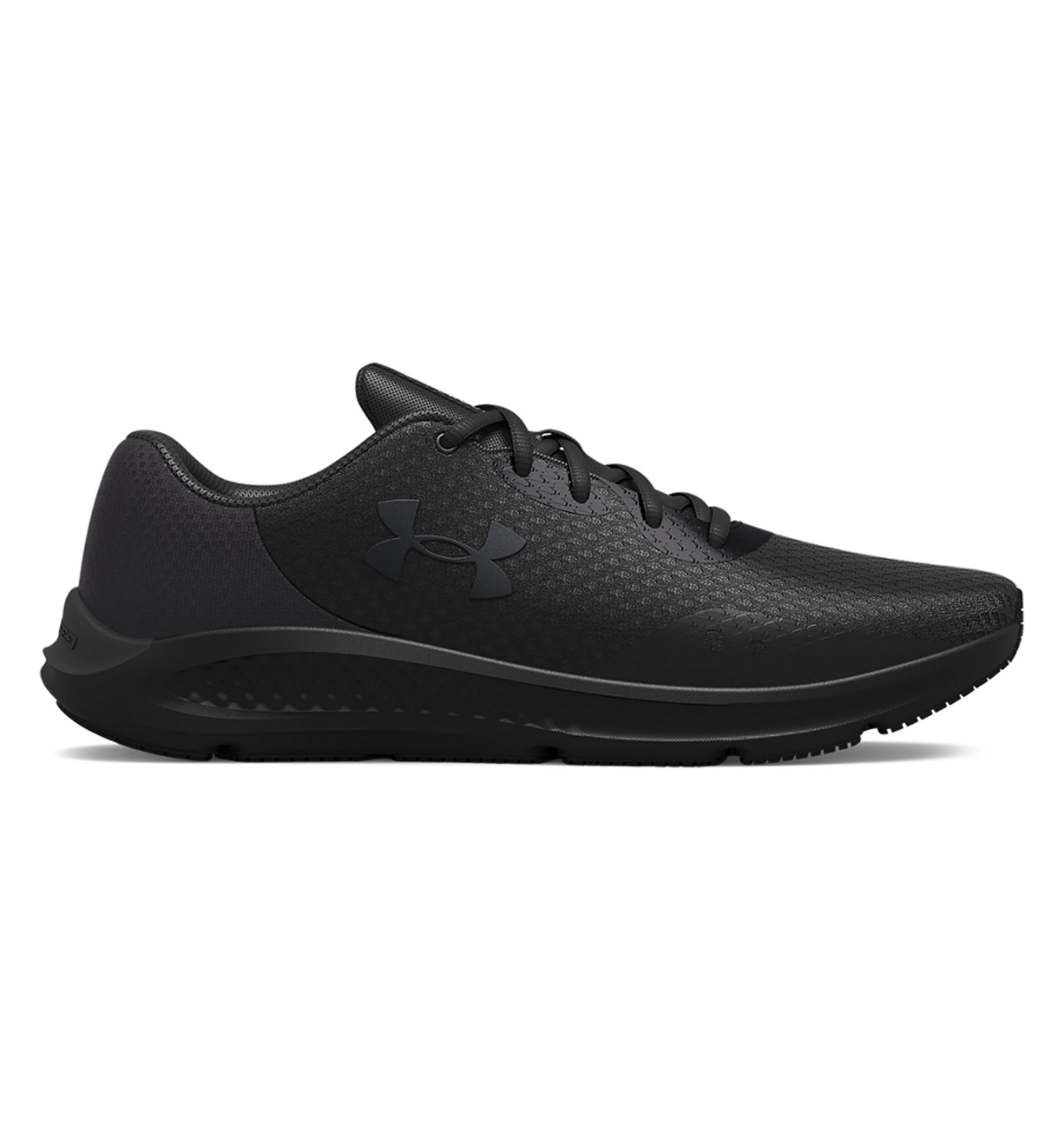Under Armour UA Charged Pursuit 3 running shoes in black, featuring breathable mesh and Charged Cushioning for comfort and performance.